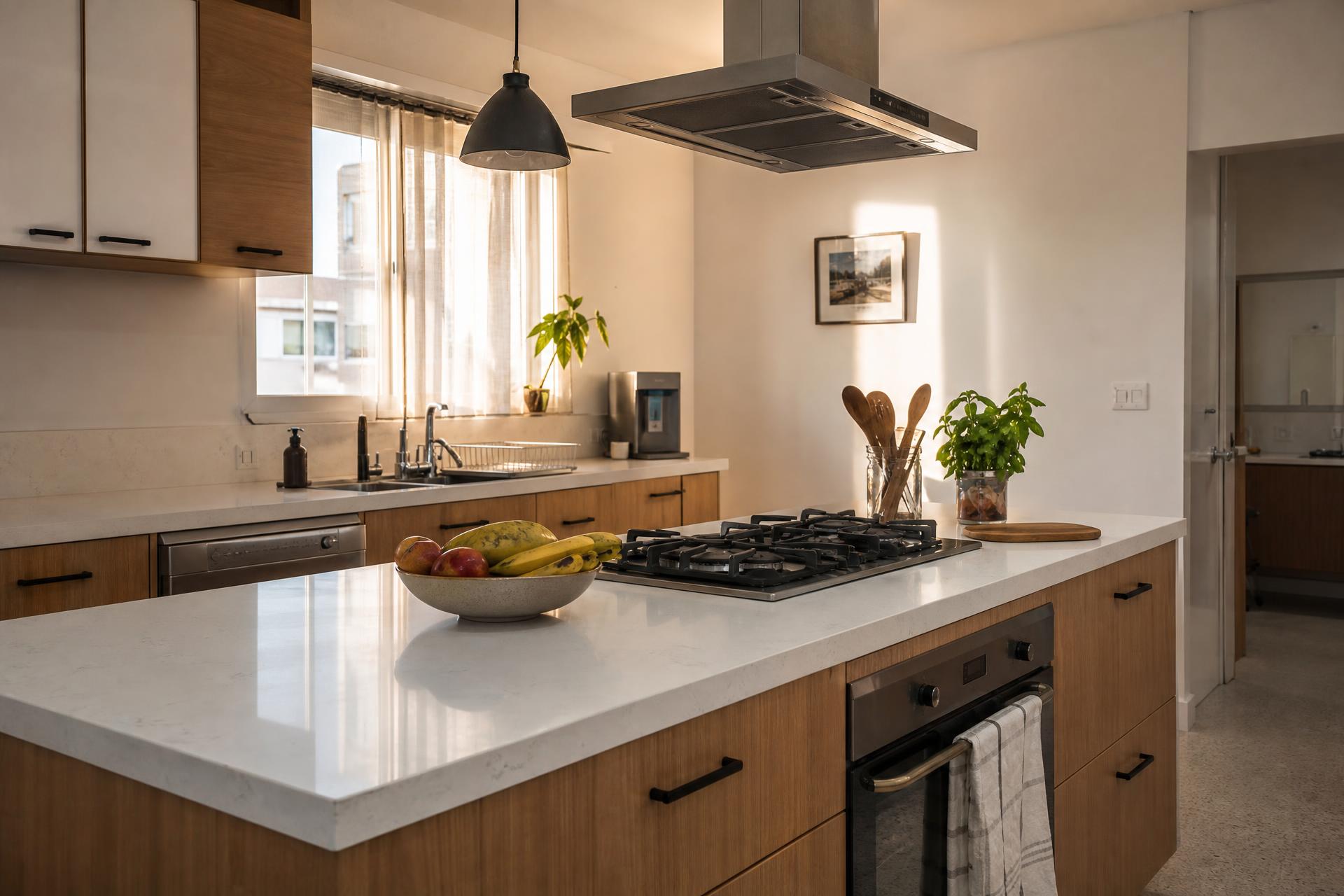 Cozinha residencial com ilha em quartzo branco e marcenaria amadeirada executada pela Marmoraria Re